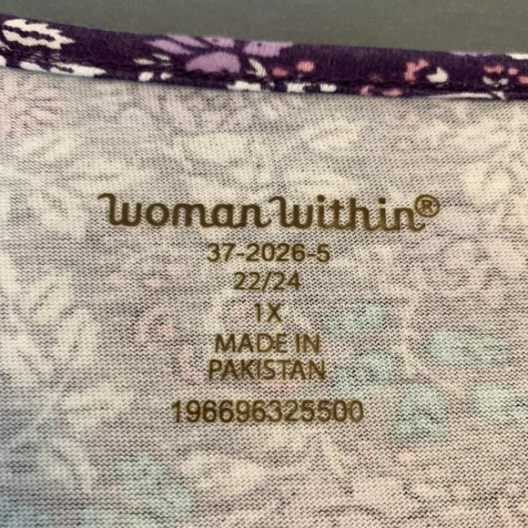 Woman Within Shirt Womens 1X Plus Purple Floral Henley 3/4 Sleeve Tunic Top Soft - Picture 2 of 7